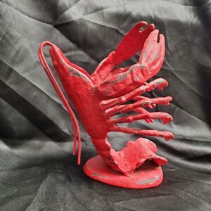 Vintage Cast Iron Lobster Wine Bottle Holder Caddy Red and Black Rustic